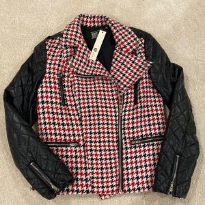 NWT KUT from the Kloth red,white,black houndstooth jacket w/ f. leather sleeves